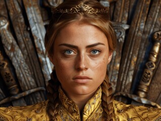 Regal portrait of a young woman in a golden dress and crown