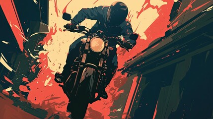 Obraz premium Motorcycle rider dodging an explosion in a narrow alley, dramatic lighting,