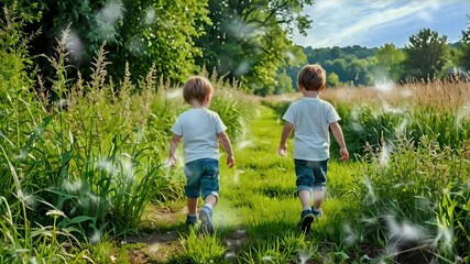 Two young boys walking side by side through a lush grassy path.