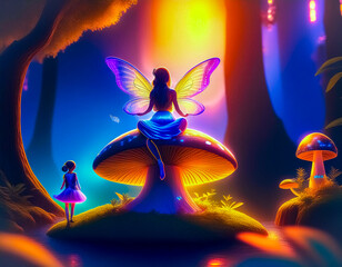 Young Lady Sitting on Mushroom