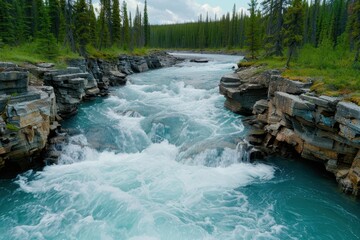 Rushing river flowing through rocky canyon in lush forest
