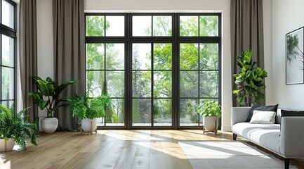 Modern Living Room with Large Windows and Double Doors Featuring White Window Frames with Black Accents, Grey Sofa, Green Plants on Side Tables, and Light Wooden Parquet Flooring in a Minimalist Home 