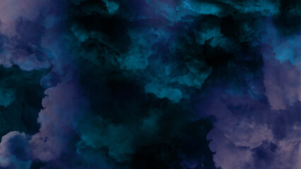 Colorful watercolor background puffy clouds in dark colors of blue and purple. Blue, purple pink abstract background.