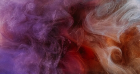 Sparkling smoke. Glitter fluid. Mystical ink mist. Pink purple orange color particles texture paint vapor steam wave abstract background.