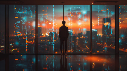 silhouette of a businessman at a window looking to city view with digital effect