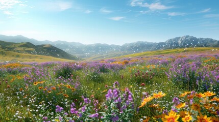 Fototapeta premium A picturesque countryside scene with rolling hills covered in vibrant fields of purple and yellow wildflowers under a clear blue sky