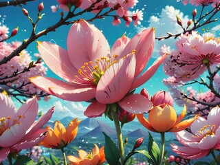 a beautiful scenery painting describing the beauty of blossom flower.  wooden sign amidst a landscape of trees with purple flowers at sunset and snow-capped mountains	
