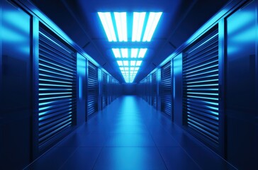Modern data center hallway with blue lighting, showcasing server racks and futuristic technology infrastructure.