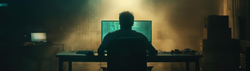 Fototapeta premium A software engineer debugging code in a dimly lit room with an eerie green glow from the computer screen