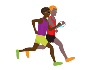 視覚障害者がマラソン大会を走っているイラスト素材です。ガイドランナーが伴走しています。
