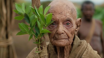 Obraz premium weathered elderly face surrounded by lush greenery