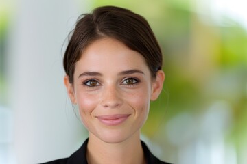 Fototapeta premium Smiling woman with brown hair in front of blurred green background