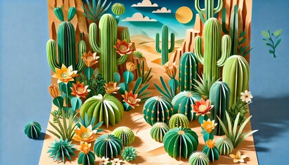 Desert paper art with cacti and blooming flowers