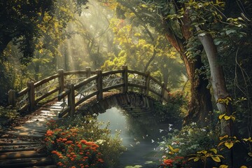 Wooden bridge is illuminated by the morning sun as it shines through the trees in a beautiful lush forest