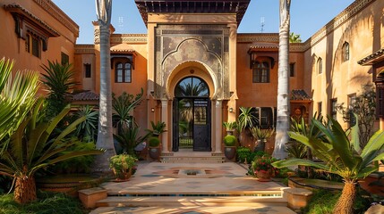 Fototapeta premium Moroccan-Style Courtyard Entrance with Palm Trees