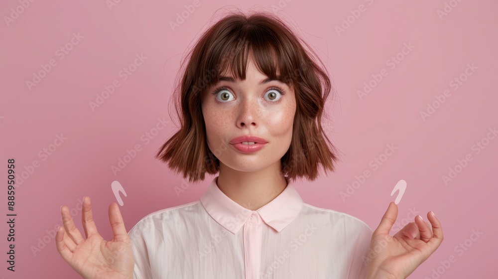 Wall mural A woman with short brown hair and a pink shirt is holding up two toothbrushes