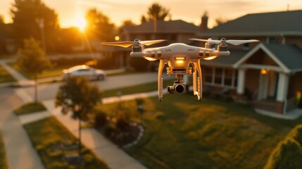 A sleek, modern drone with four rotors is captured mid-flight, delivering a small package to the doorstep of a suburban home. The scene is set during the golden hour, casting a warm glow on the house