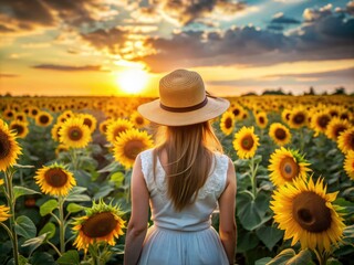 woman in a straw hat standing in a field of sunflowers at sunset.