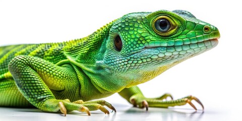 Naklejka premium Vibrant green lizard with intricate scales and long tail poses on transparent background, highlighting its natural beauty and fascinating details in high definition.
