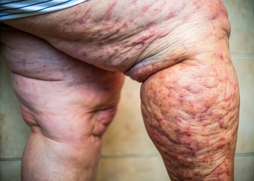 Close-up of a severely swollen and bloated leg with redness, veins and stretch marks, showcasing the effects of poor circulation and obesity.