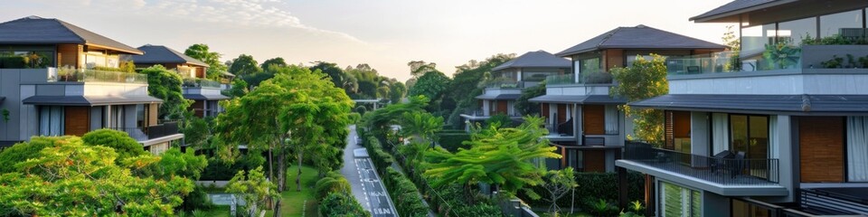 Fototapeta premium Serene Residential Oasis: Tranquil Modern Homes Amidst Lush Greenery, Set Against a Peaceful Gray Background