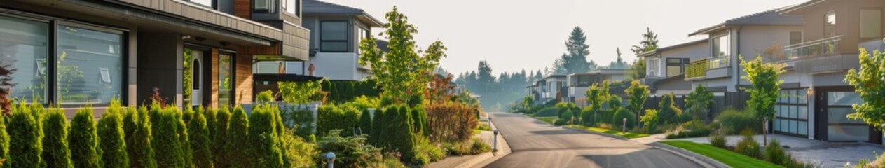 Fototapeta premium Serene Residential Oasis: Tranquil Modern Homes Amidst Lush Greenery, Set Against a Peaceful Gray Background