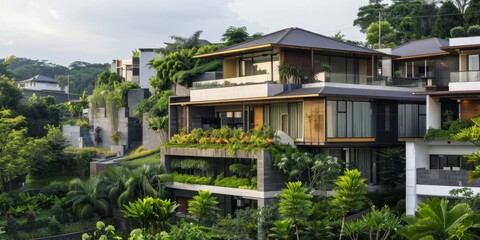 Fototapeta premium Serene Residential Oasis: Tranquil Modern Homes Amidst Lush Greenery, Set Against a Peaceful Gray Background