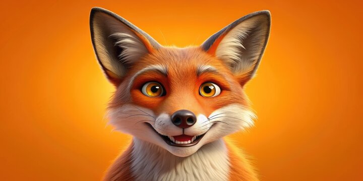 A sly, anthropomorphic cartoon fox with a cunning grin and bright, inquisitive eyes peers out from a vibrant, solid orange background, exuding playful mischief. - Powered by Adobe