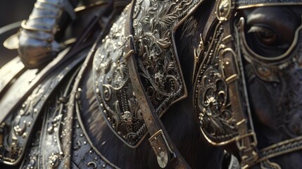Close-up of ornate, medieval horse armor, showcasing intricate details and craftsmanship.