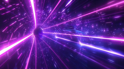 Fototapeta premium Hypnotic abstract neon background featuring a space tunnel turning to the left, with vibrant ultra violet rays and glowing lines that create a sense of movement and velocity,