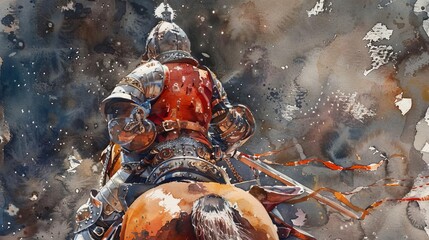 Watercolor painting of a medieval knight on horseback, viewed from behind.