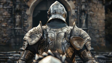 A knight in full armor stands before a stone archway.
