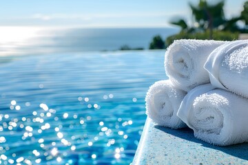 Fototapeta na wymiar white towels next to a swimming pool with blue water and sea view 1