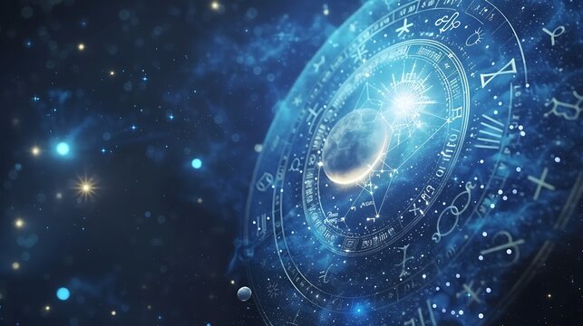 Celestial Zodiac Wheel with Stars and Moon