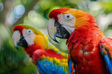 Obraz premium Colorful scarlet macaw parrot posing on a branch with another macaw in the background
