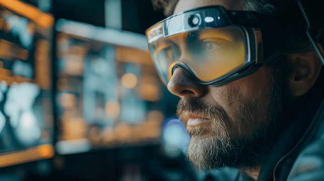 Augmented reality glasses on designers creating and manipulating 3D models, modern workspace with digital elements seamlessly integrated, high-tech environment.