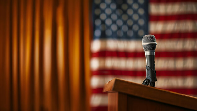 Microphone on a podium with the American flag in the background, symbolizing public speaking, patriotism, and political events.