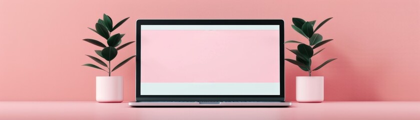 Naklejka premium Modern laptop with blank screen on pink desk, flanked by green plants in pots. Minimalistic workspace concept with pastel background.