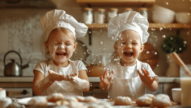 Naklejki happy family funny kids bake cookies in kitchen