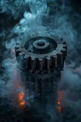 The single gear on the deep black background and smoke.