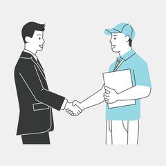 Fototapeta premium Business illustration line drawing simple happy corporate handshake greeting people company working job suit gentlemen