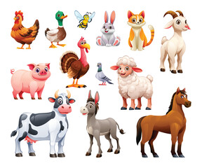 Set of various farm animals including cow, sheep, goat, and horse. Vector cartoon illustration © YG Studio