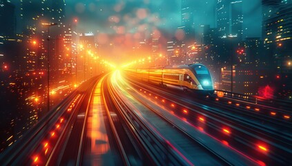 High-Speed Train Racing Through a City at Night