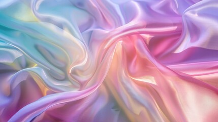 Fototapeta premium Iridescent fabric background showcasing a pastel colorful spectrum of liquid flow, with soft, luminous colors blending seamlessly together to create a tranquil and serene atmosphere.