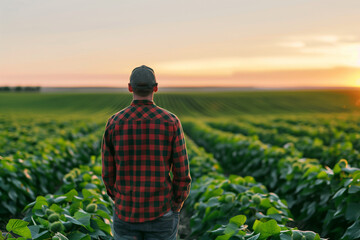 Rear view of senior farmer standing in soybean field examining crop at sunset