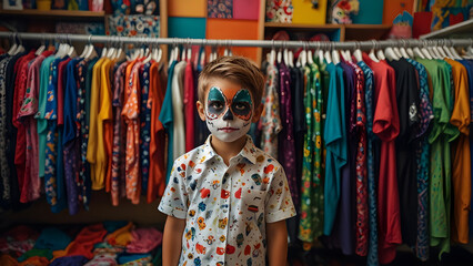 Kid in face paint standing by rack of colorful shirts, deciding on dress-up outfit