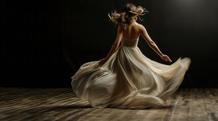 Grace in Motion Dynamic Dancer Twirling in Flowing Dress with Dramatic Lighting Concept of Artistic Expression Elegance and Movement