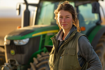 Smiling portrait of a middle aged female farmer working and living on a farm with a tractor in the background