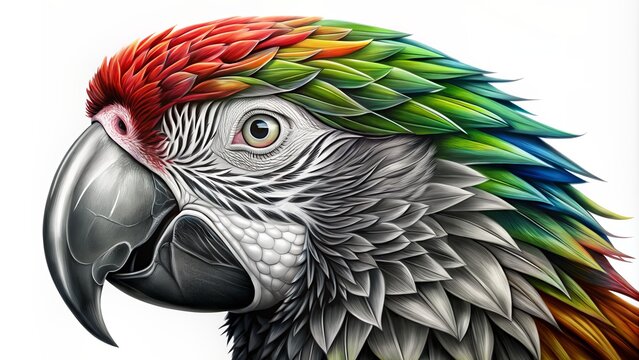 Isolated, stark, and vibrant illustration of a detailed parrot head in stark black and white coloring page format waiting to be colored.