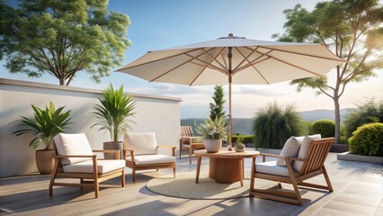 Obraz premium Serene outdoor setting featuring a white umbrella shading chic chairs on a sun-kissed patio against a pure white background.